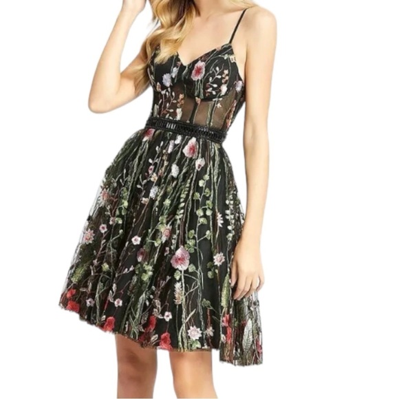mac duggal embroidered fit & flare cocktail dress Green Multicolor Embroidered V Neck Cap Sleeve Midi Dress